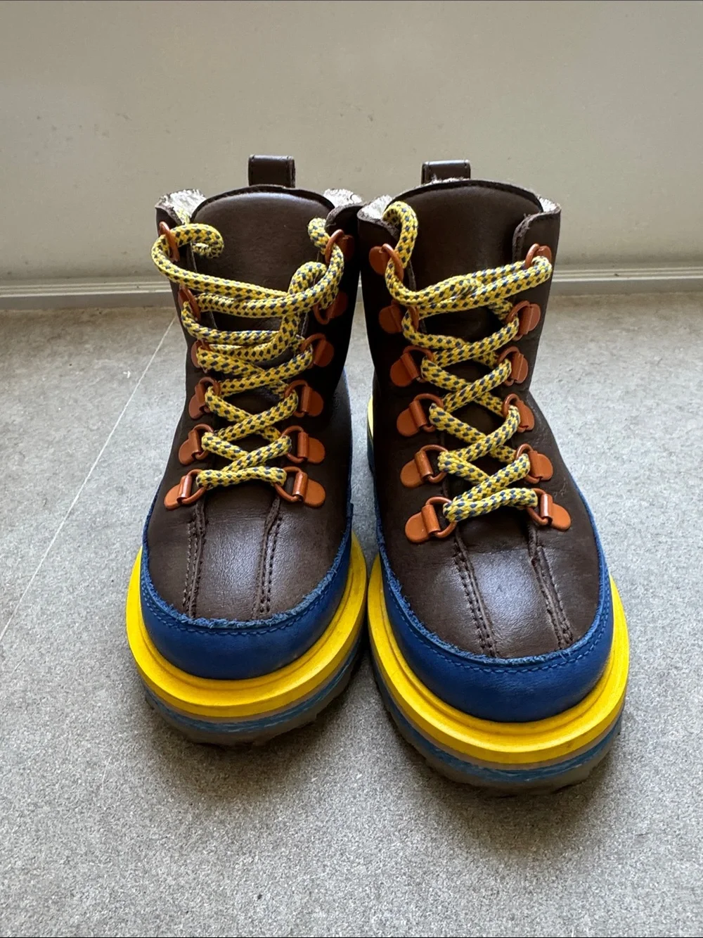 Kids Brown Leather Boots with Blue & Yellow Accents